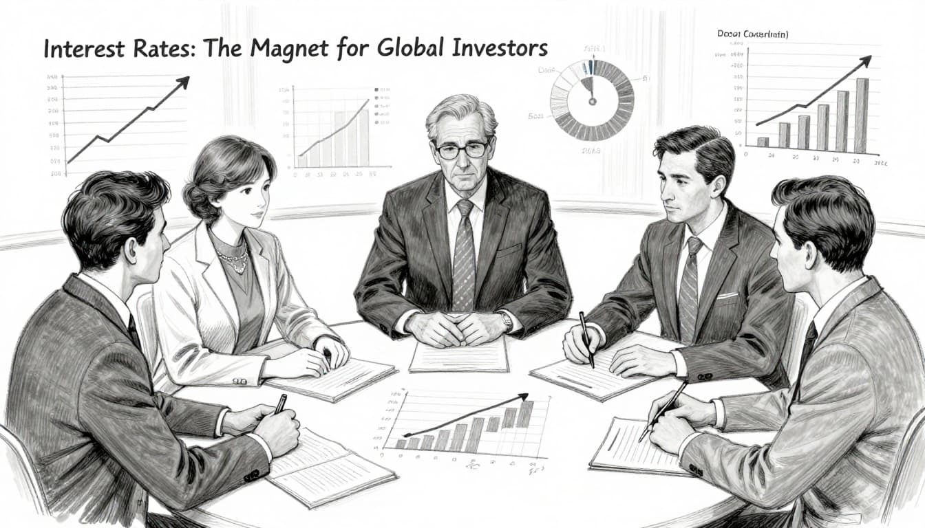 Hand-drawn sketch in graphite linework depicting three central bank officials seated around a table, discussing interest rates with charts illustrating rising rates attracting money inflows from global investors, on a clean light gray paper background.