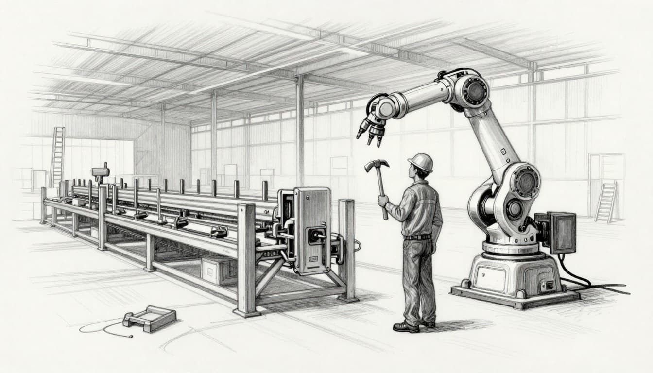 Hand-drawn graphite sketch with light shading on very light gray paper background depicts a confused construction worker holding a hammer, standing relaxed before a modern AI-controlled robotic assembly line in an empty factory hall, illustrating skills-job mismatch.
