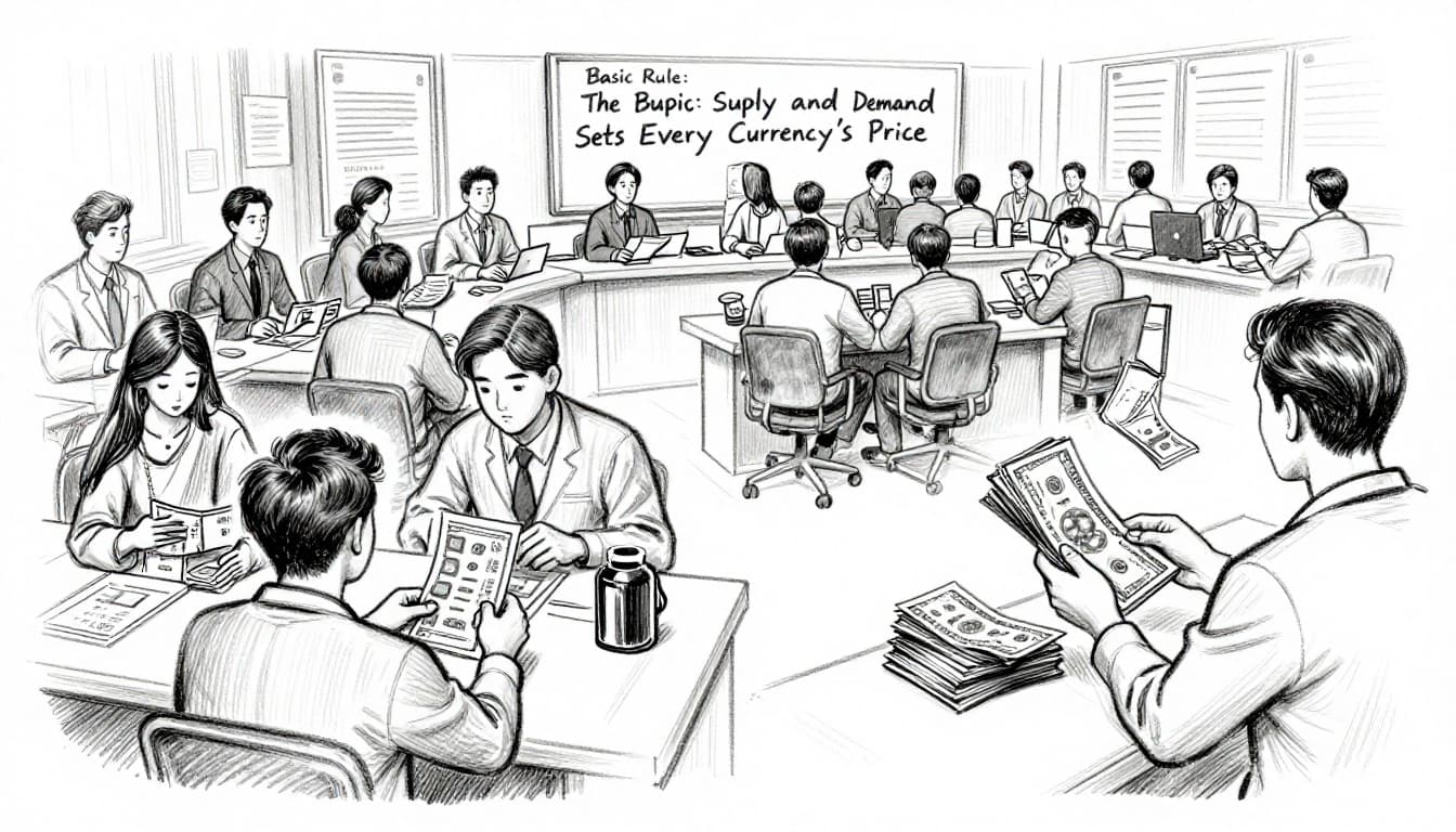 Hand-drawn graphite sketch of a bustling forex trading floor where traders exchange currency notes like baseball cards, with buyers on one side pushing prices up and sellers on the other, featuring exactly two relaxed figures holding stacks of bills on a clean white background.