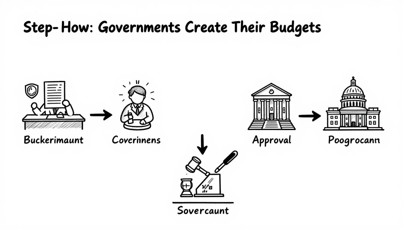 Hand-drawn graphite linework sketch on white background showing linear flowchart of budget process: presidential proposal, congressional debate and approval, to spending icons for school, defense, hospital. No people, text, or color; symbols only.