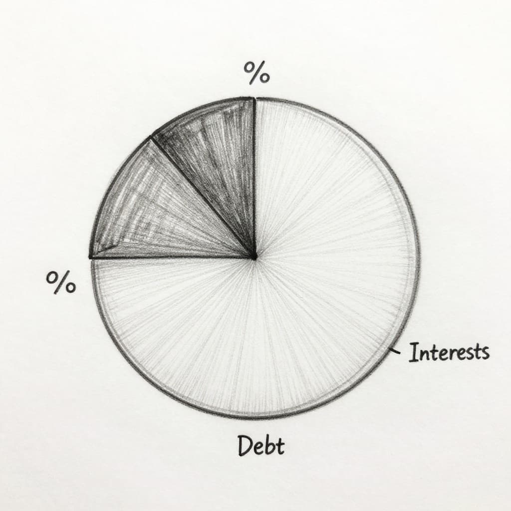 Hand-drawn graphite sketch of a simple pie chart on white background, showing government spending proportions: largest slice for mandatory (social security, health), medium for discretionary (defense, education), and smallest for interest on debt. Slice sizes hint at percentages without exact numbers, central focus with consistent linework and light shading.