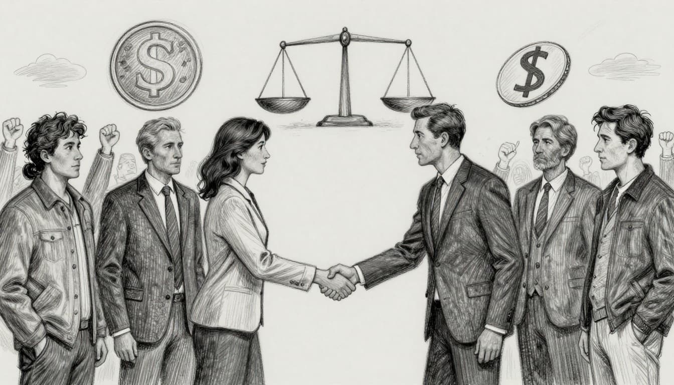 Hand-drawn graphite sketch on light gray paper showing political leaders shaking hands symbolizing stability on one side of a tipping balance scale boosting currency, versus chaos with protests and war symbols weakening currency on the other side; exactly four figures with relaxed poses, landscape orientation, light shading, no text or logos.